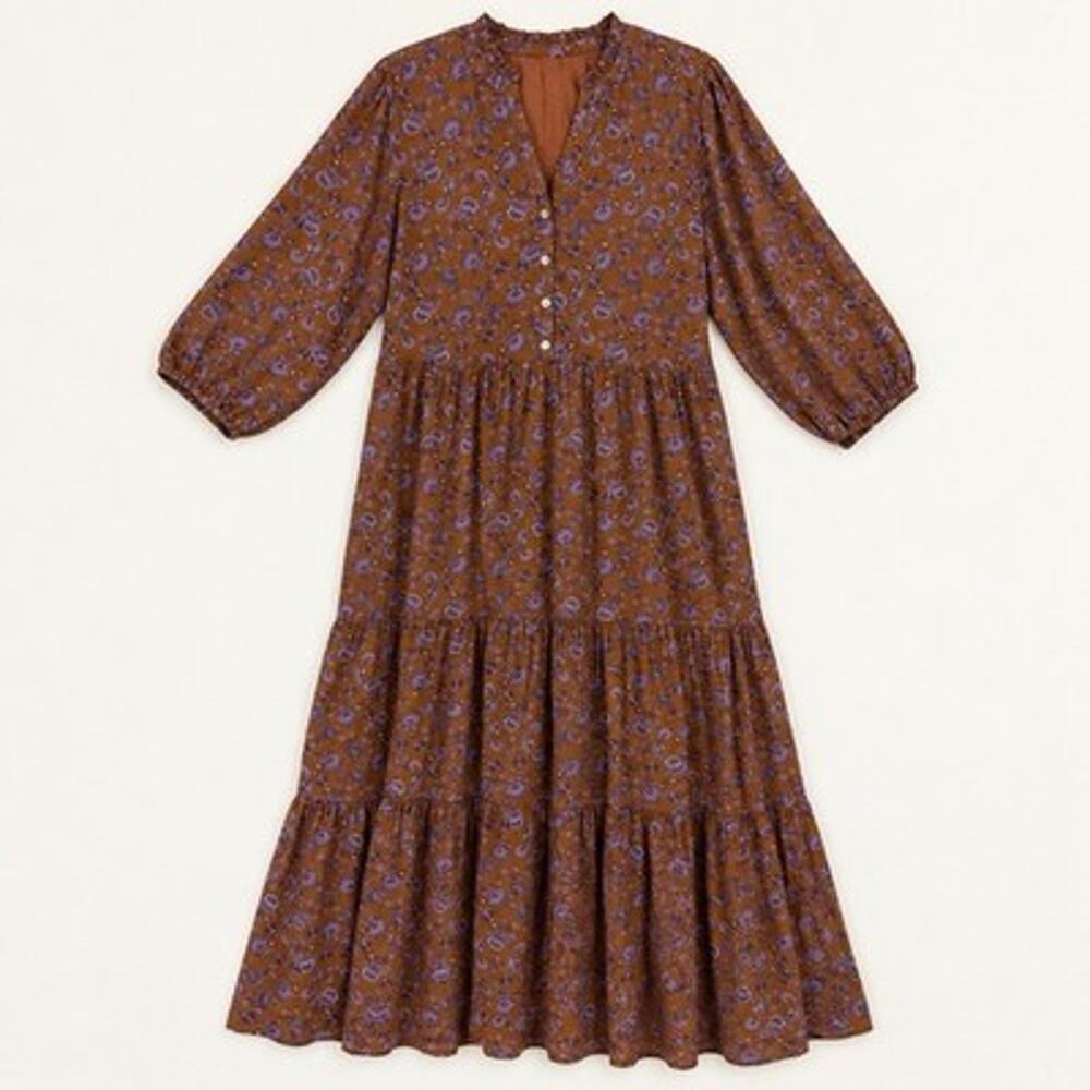 J Jill Ruffled Neckline Tiered Maxi Dress Large Dark Bronze Paisley Boho